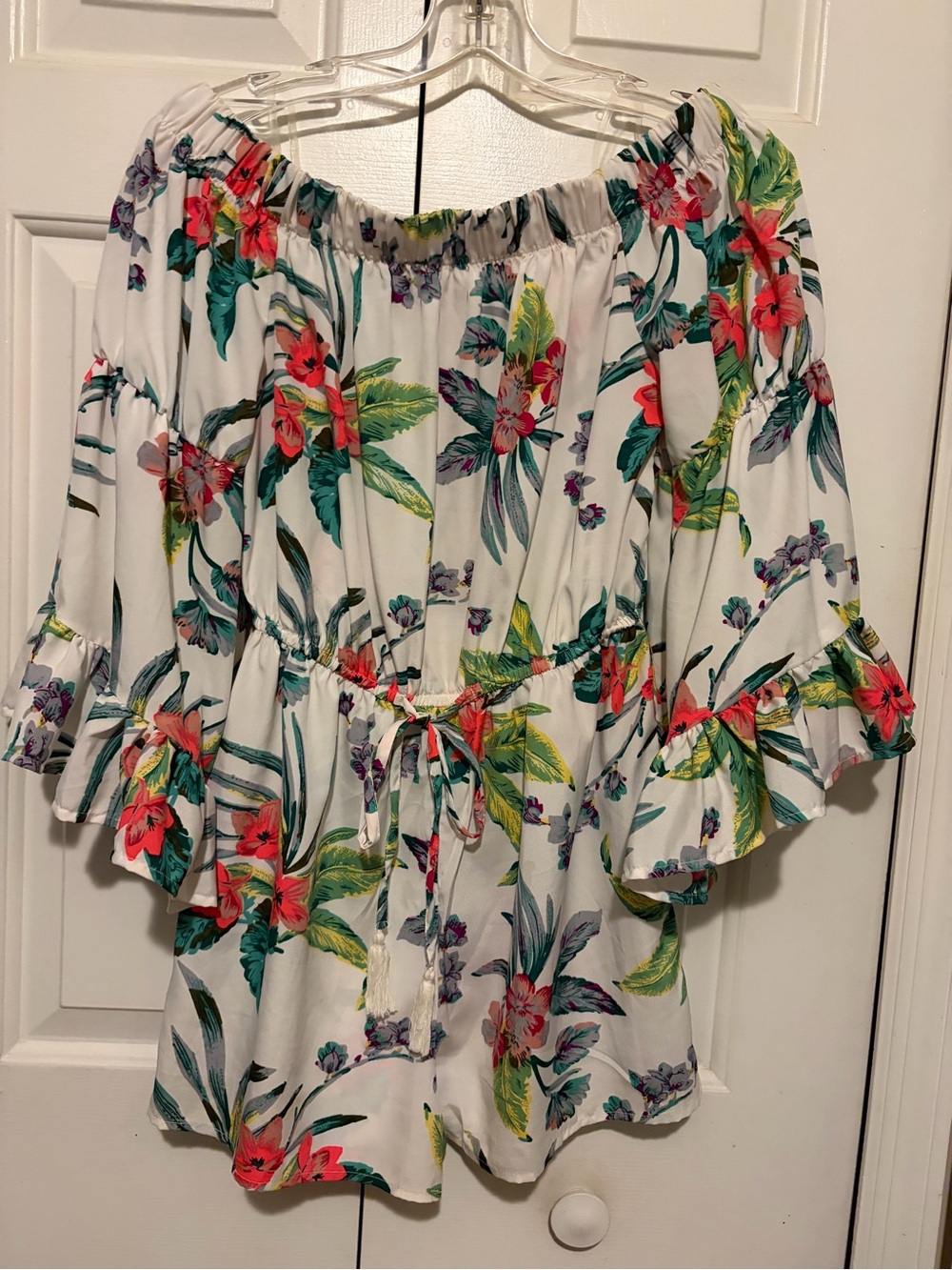Blush White Off-Shoulder Floral Romper with Drawstring Waist